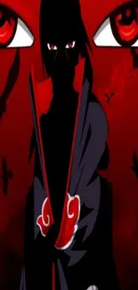 Red-themed anime wallpaper with shadowy figure and glowing eyes.