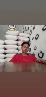 Man in red shirt with rice sacks and abstract wall.