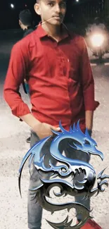 Man in red shirt with a stylish dragon design overlaying the image.