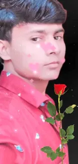 Person in red shirt with rose on a dark background mobile wallpaper.