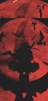 Ninja silhouette with birds against a red moon background.