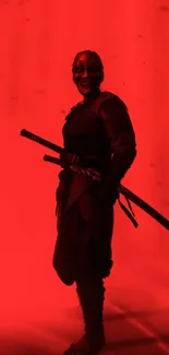 Ninja warrior silhouette against a vivid red background with sword ready.