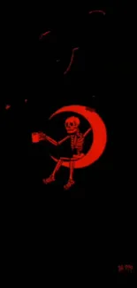 Skeleton sitting on a red crescent moon with black background wallpaper.