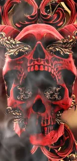 Red skull with gold accents and smoke on wallpaper.