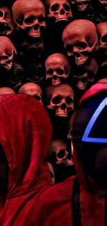 Red hooded figures with skull backdrop for mobile wallpaper.