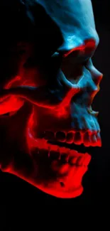 Red skull on dark background with dramatic lighting.