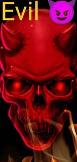 Red demon skull with glowing eyes and devil emoji on black.