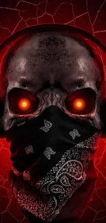 Red skull with glowing eyes and headphones on dark background.