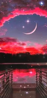 Crescent moon over a red starry sky.