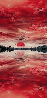 Red sunset reflected over calm water with vibrant sky.