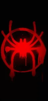 Bold red spider symbol with drips on a black background.