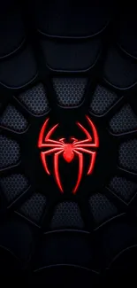 Red spider symbol on dark web texture wallpaper.