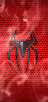 Red and black spider logo on a textured background.