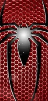 Red wallpaper with a black spider symbol on a honeycomb pattern.