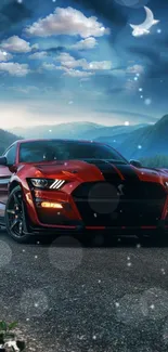 Red sports car on a moonlit mountain road at night.