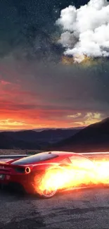 Red sports car with sunset backdrop and starry sky for mobile wallpaper.