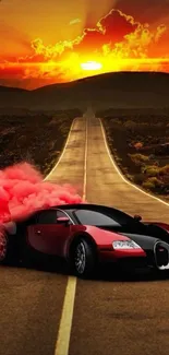 Red sports car on open road at sunset with vibrant sky and smoke.