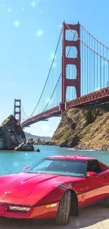 Red sports car near Golden Gate Bridge, scenic view.