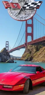 Red sports car at Golden Gate Bridge, sunny day.