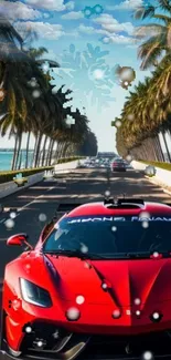 Red sports car driving down a palm-lined coastal road.