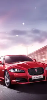 Red sports car on road with dynamic background.