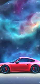 Red sports car with galaxy background mobile wallpaper.