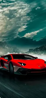 Red sports car driving on a scenic road with cloudy sky.