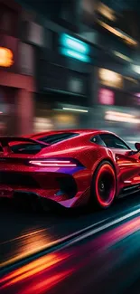 Red sports car speeding through neon-lit city at night wallpaper.