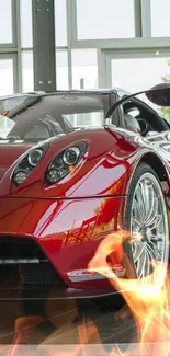 Red sports car in a bright, modern showroom setting.