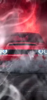 High-performance red car emerging dramatically through smoke.