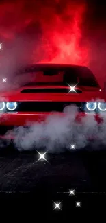 Red sports car driving through smoke with bright lights.