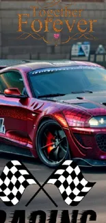 Maroon sports car with racing theme and black checkered flags.