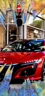 Red sports car with colorful street art background.