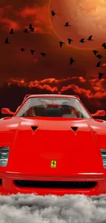 Red sports car under a full moon with clouds and flying birds.