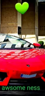 Red sports car with green heart above it.