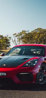 Red sports car on a scenic open road.