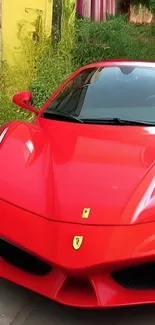 Vibrant red sports car parked in urban setting, displaying sleek design.