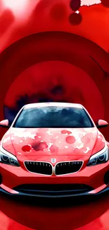 Vibrant red sports car with artistic watercolor effect on a dynamic background.