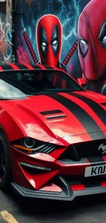 Red sports car with graffiti of masked figures in the background.