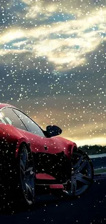 Red sportscar on a road with dramatic sunset sky.