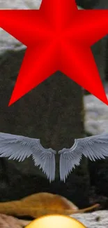 Mobile wallpaper with red star and grey wings design