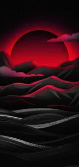 Red sunset over stylized mountains with clouds.