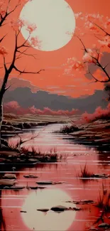 Tranquil red sunset with reflective river and silhouetted trees.