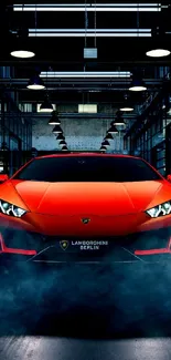 Striking red supercar in an urban garage setting mobile wallpaper.