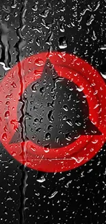 Red symbol on rain-covered black glass, modern wallpaper.