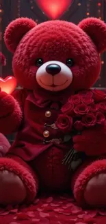 Red teddy bear with roses and heart.