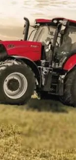 Red tractor in a tranquil field setting wallpaper.