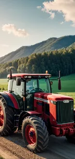 Red tractor on a scenic countryside road with green fields and mountains.