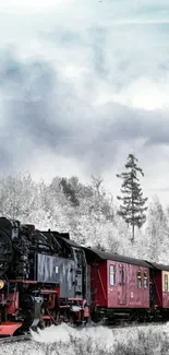 Red steam train in snowy forest with grey sky.