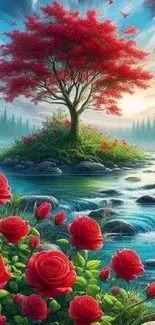 Vibrant red tree on a serene island landscape with flowing river.